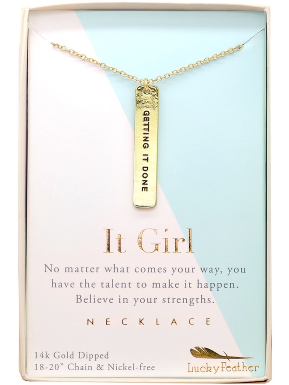 Lucky Feather "It Girl" Getting It Done 14k Gold Dipped Bar Necklace NIB